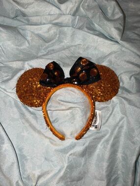 Sequin Minnie Ears Headband in Glittery Orange with Black Bow